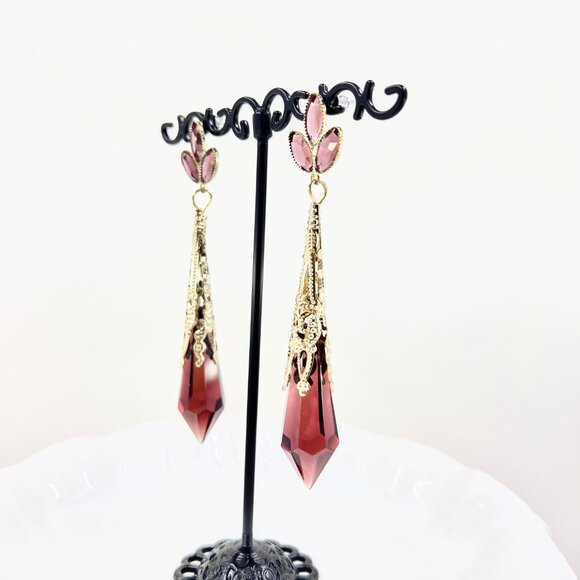 NWT – Charming Charlie – Brown Jeweled Drop Glass Dangle Gold Tone 3.5” Earrings - Picture 4 of 8